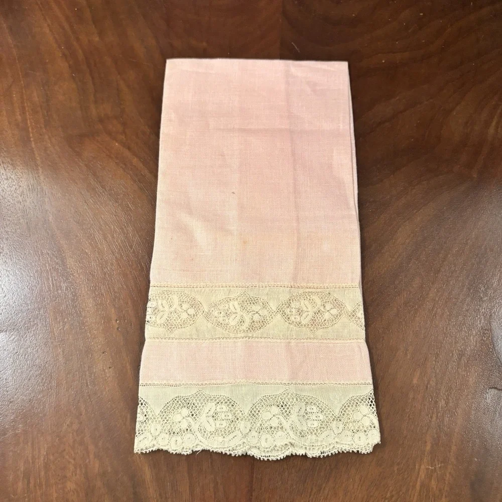 Vintage Fingertip Towels Set of 3 Linen Lace Trim Pink Peach Orange Guest Towels